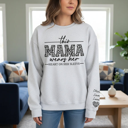 Custom Personalized Leopard Print Mama Sweatshirt with Heart on Sleeve lifestyle photo