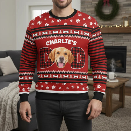 Custom Photo Upload Dog Dad Sweater with Paw Prints & Buffalo Plaid lifestyle photo