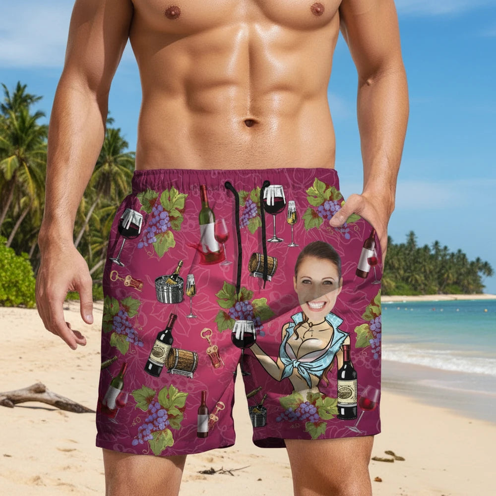 Custom Photo Upload Beach Shorts with Wine Bottles & Grapes lifestyle photo