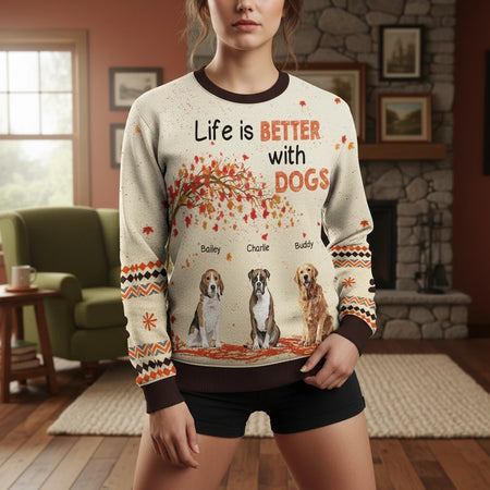 Custom Personalized Sweater with Life is Better with Dogs & Autumn Tree lifestyle photo