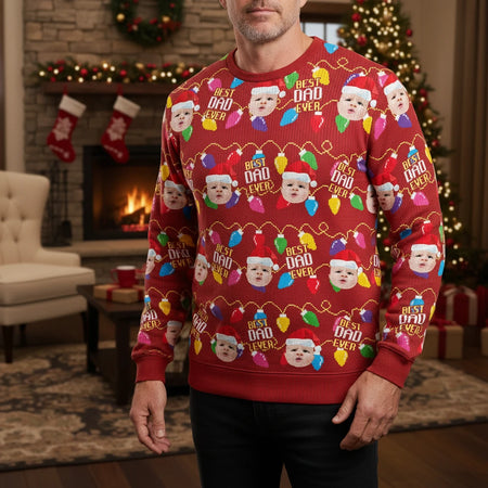 Custom Photo Upload Sweater with Best Dad Ever & Christmas Lights lifestyle photo