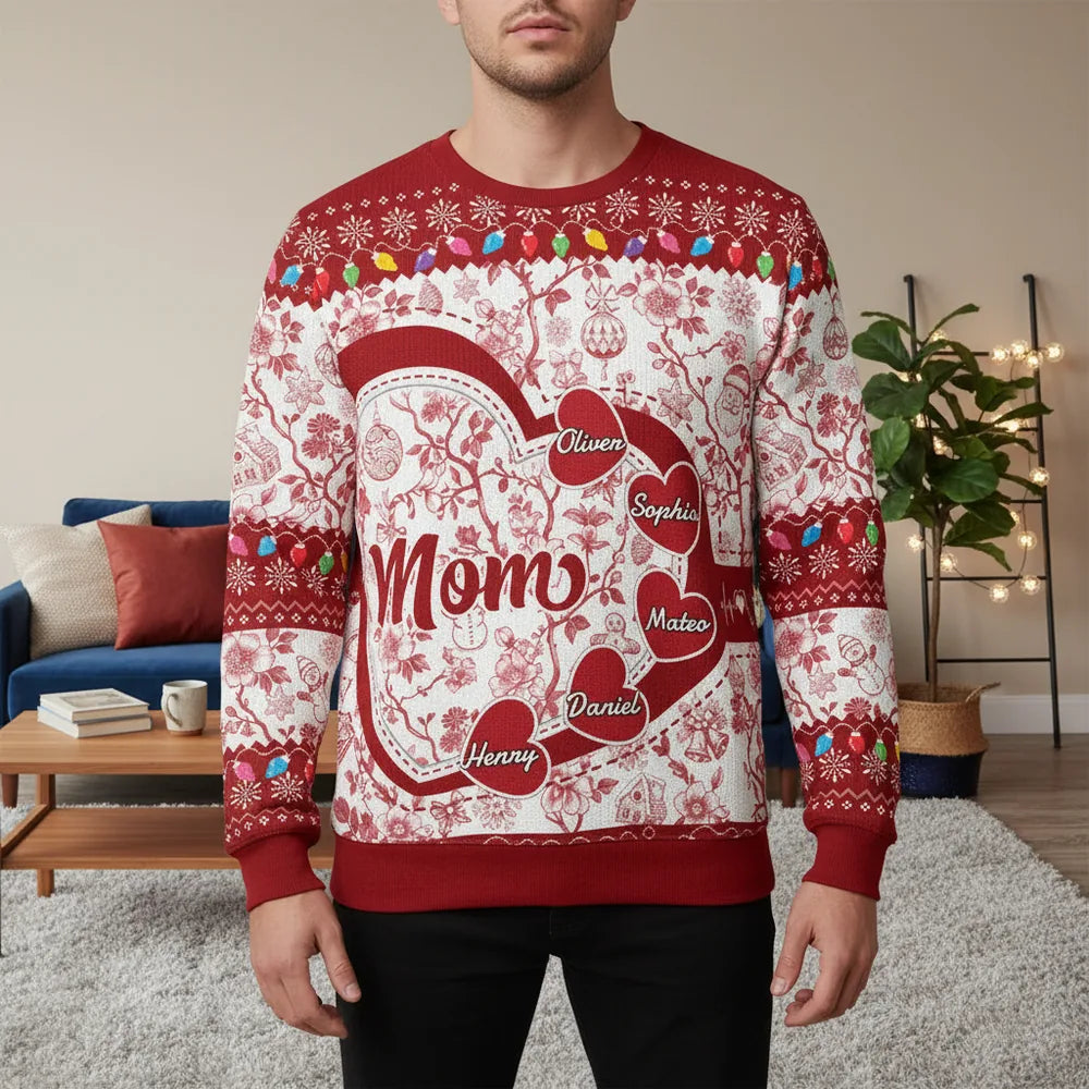 Custom Personalized Sweater with Hearts and Christmas Lights lifestyle photo