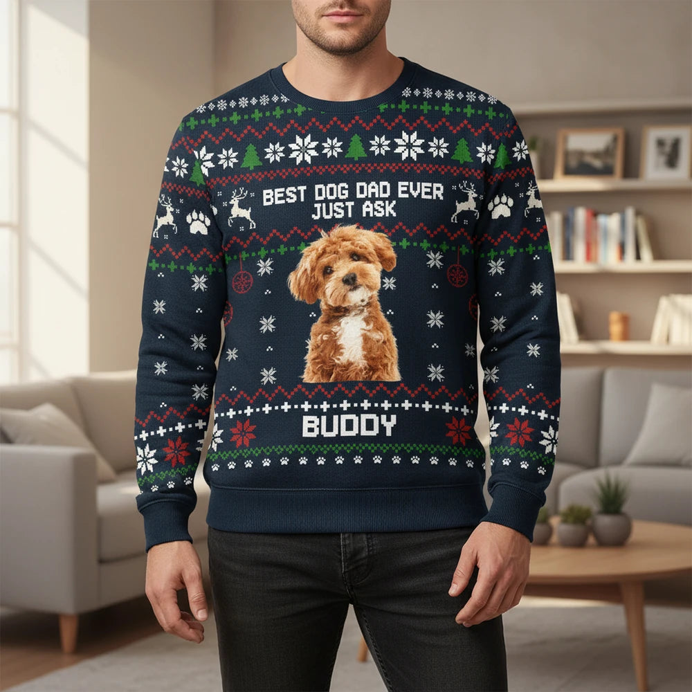 Custom Photo Upload Best Dog Dad Ever Ugly Christmas Sweater lifestyle photo