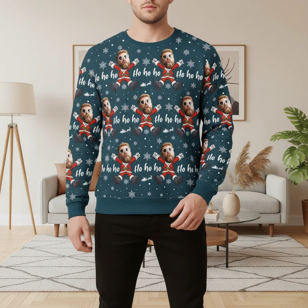 Custom Photo Upload Ho Ho Ho Sweater with Snowflakes & Santa Suit lifestyle photo