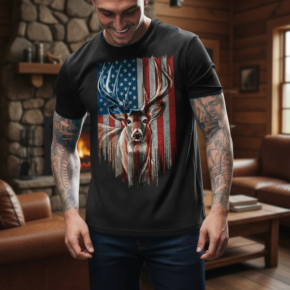 Custom Photo T-Shirt with Deer & American Flag lifestyle photo