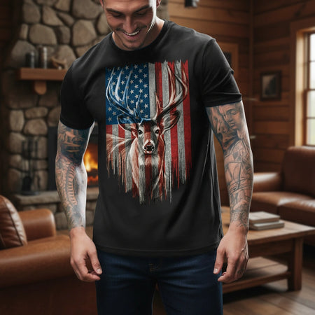 Custom Photo T-Shirt with Deer & American Flag lifestyle photo