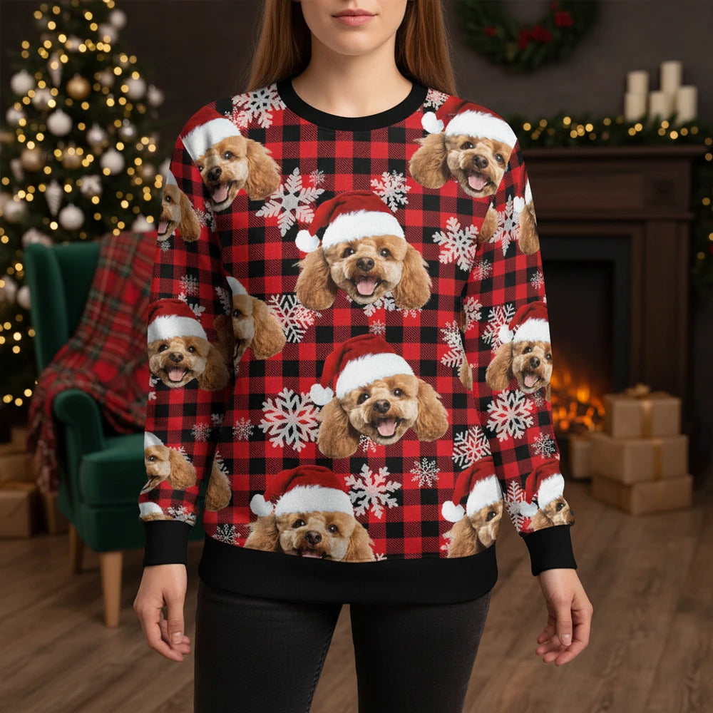 Custom Photo Upload Sweater with Buffalo Plaid and Snowflakes lifestyle photo
