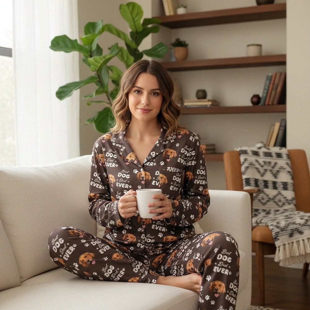 Custom Photo Upload Pajamas with Best Dog Dad Ever & Paw Prints lifestyle photo