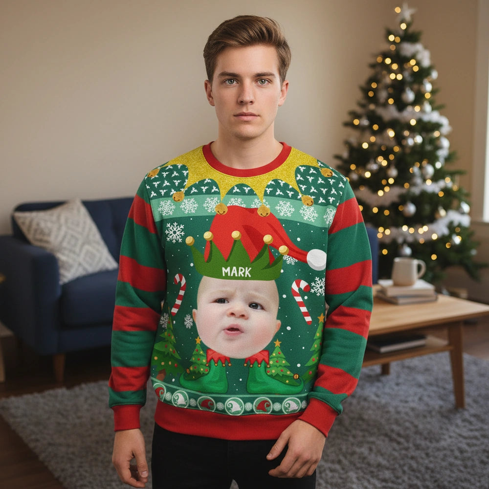 Custom Photo Upload Elf Sweater with Candy Canes & Snowflakes lifestyle photo