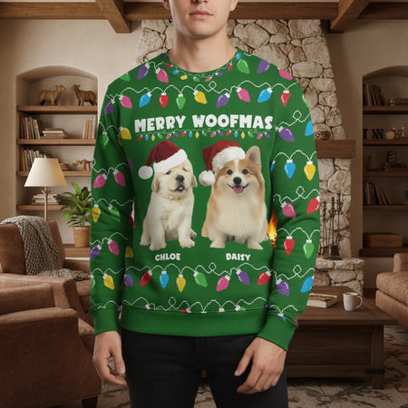 Custom Photo Upload Merry Woofmas Sweater with Christmas Lights lifestyle photo