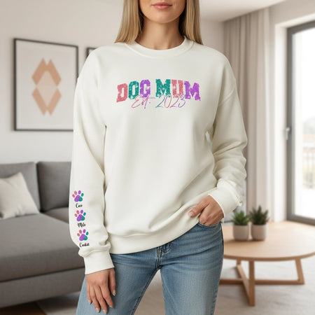 Custom Personalized Dog Mom Est 2025 Sweatshirt with Colorful Paw Prints lifestyle photo