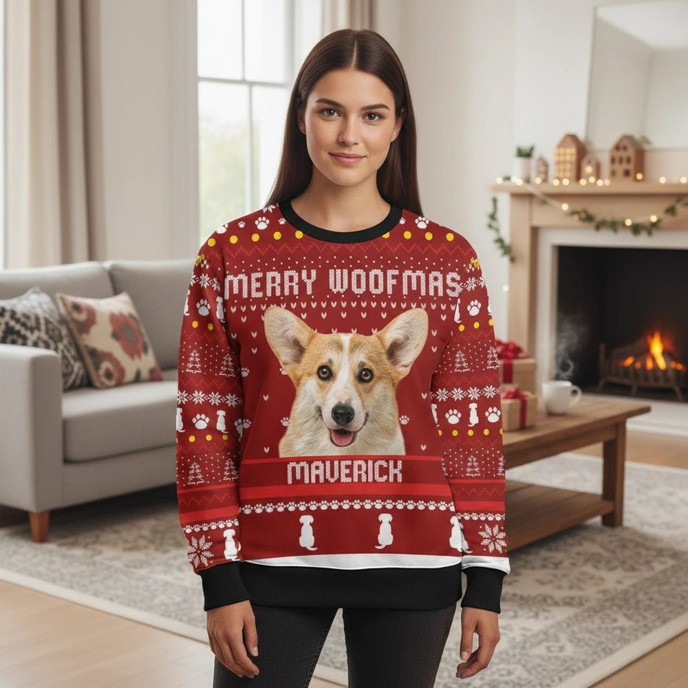 Custom Photo Upload Merry Woofmas Dog Face Sweater lifestyle photo
