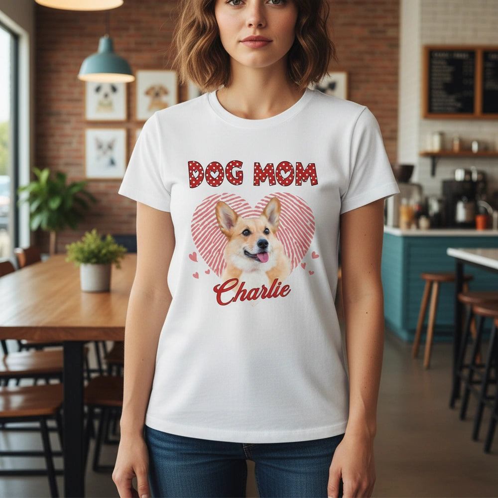 Custom Personalized Photo Upload Dog Mom T-Shirt with Heart Frame lifestyle photo