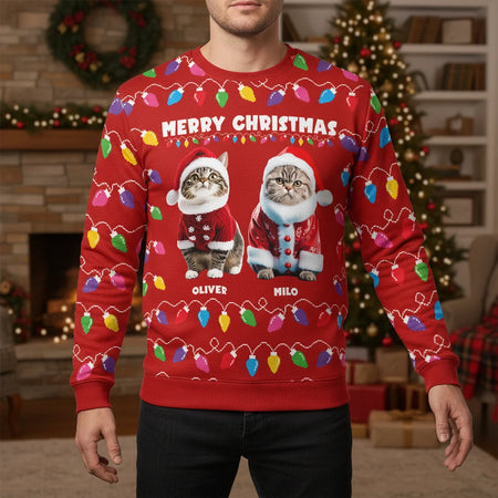Custom Photo Upload Merry Christmas Sweater with Colorful Lights lifestyle photo