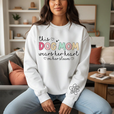 Custom Personalized Dog Mom Sweatshirt with Heart on Sleeve Text lifestyle photo