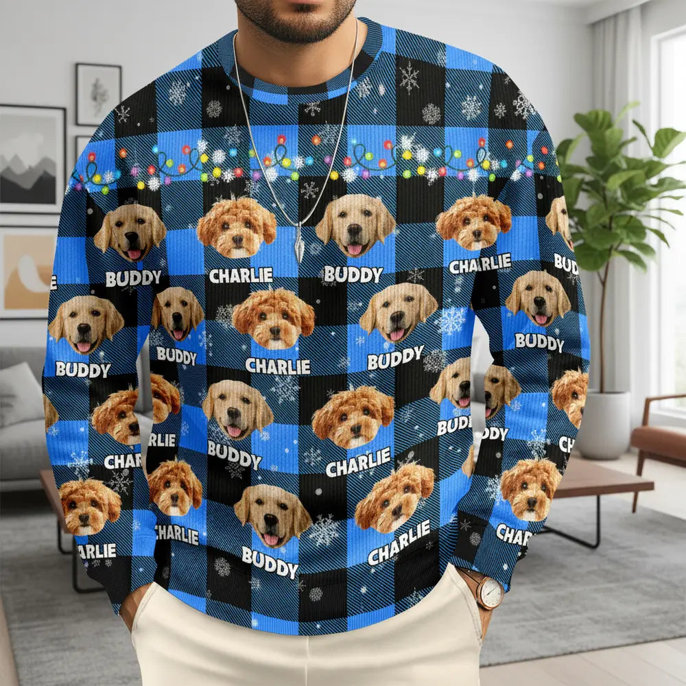 Custom Photo Upload Sweater with Blue Plaid & Christmas Lights lifestyle photo