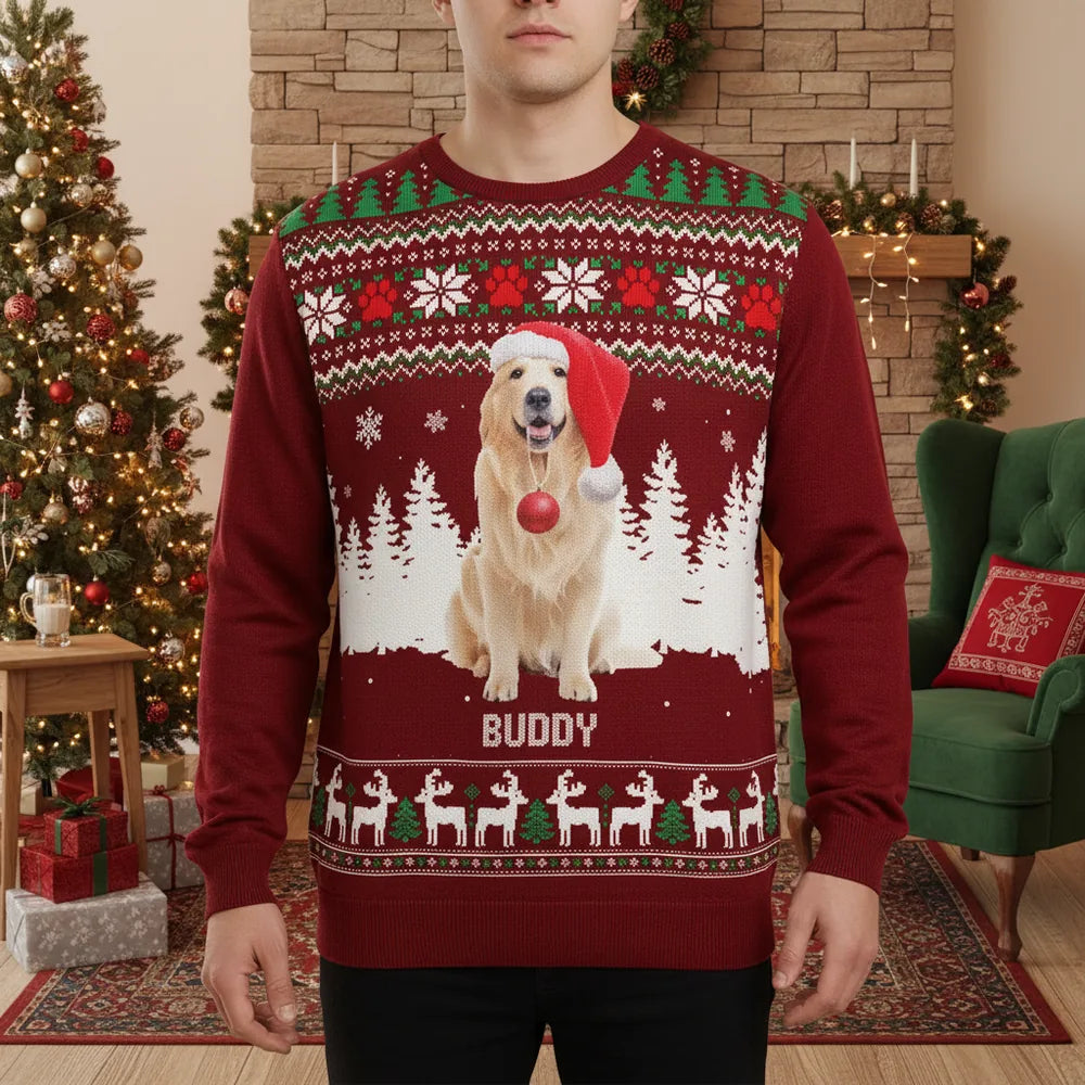 Custom Photo Upload Christmas Sweater with Dog & Winter Scene lifestyle photo