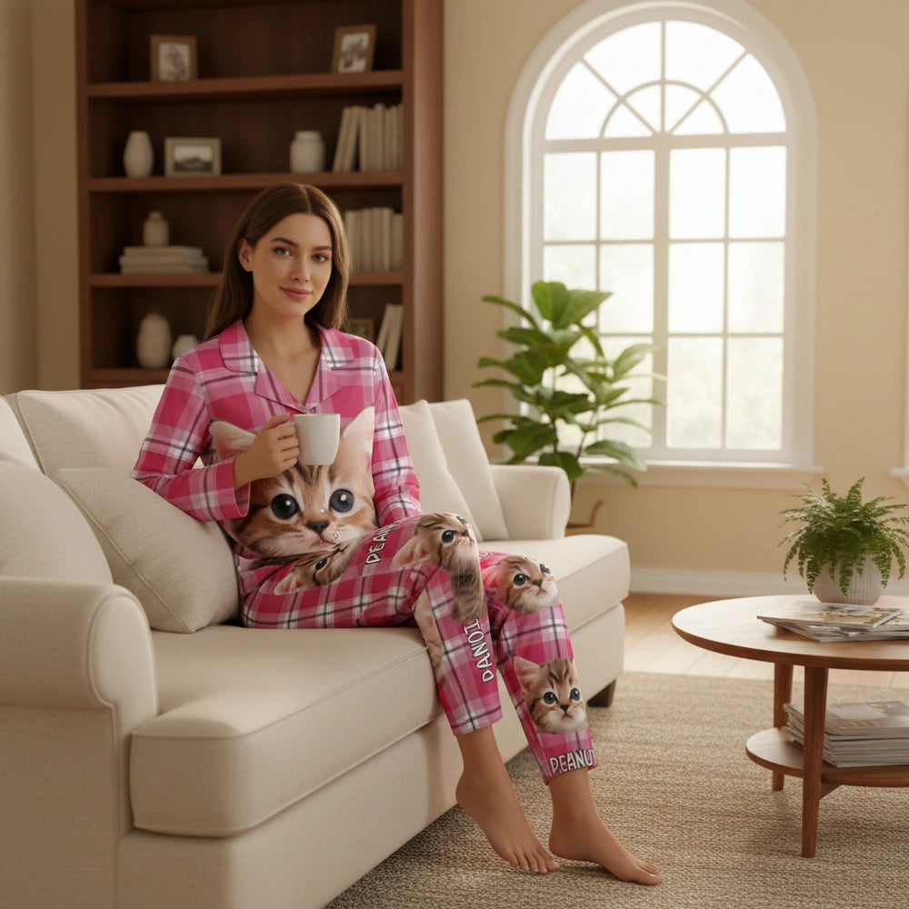 Custom Photo Upload Pajamas with Pink Plaid Pattern lifestyle photo