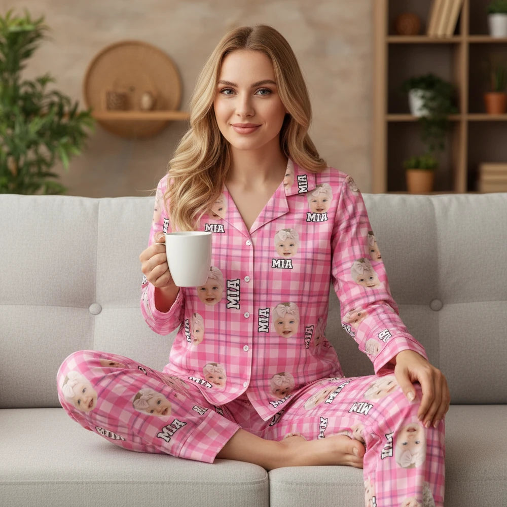 Custom Photo Upload Flannel Pajamas with Pink Plaid Pattern lifestyle photo