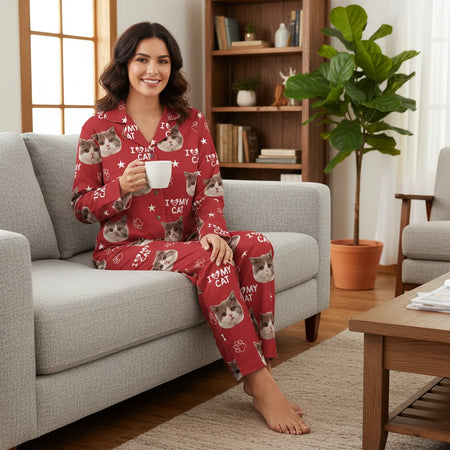 Custom Photo Upload Pajamas with I Love My Cat & Paw Prints lifestyle photo