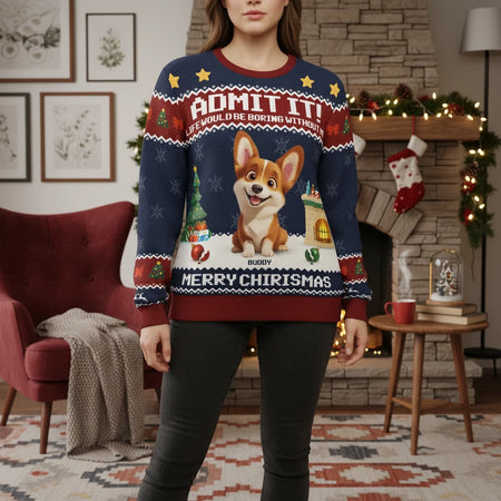 Custom Photo Upload Corgi Christmas Sweater with Admit It Slogan lifestyle photo