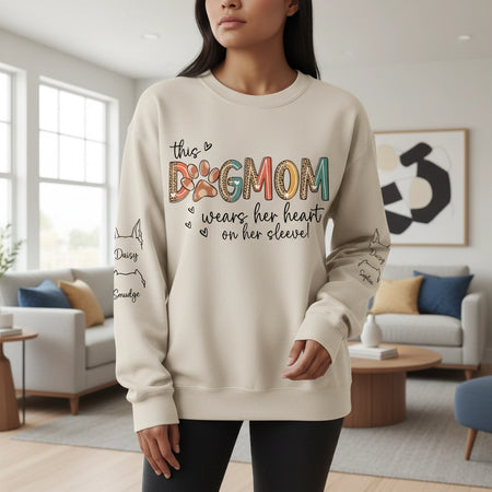 Custom Personalized Dog Mom Sweatshirt with Pet Names on Sleeves lifestyle photo