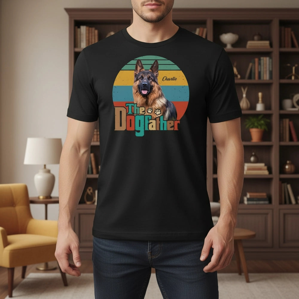 Custom Photo Upload T-Shirt with The Dogfather Retro Stripes lifestyle photo