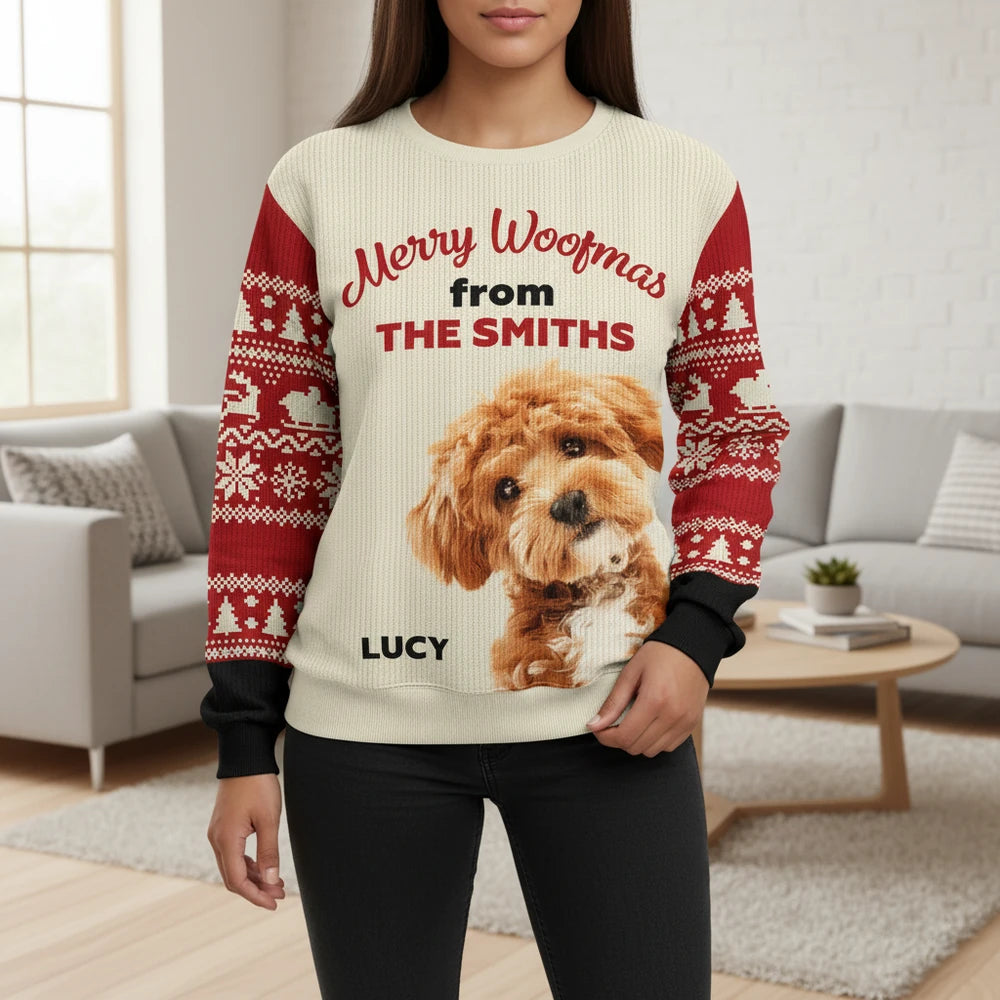 Custom Photo Upload Merry Woofmas Sweater with Fair Isle Sleeves lifestyle photo