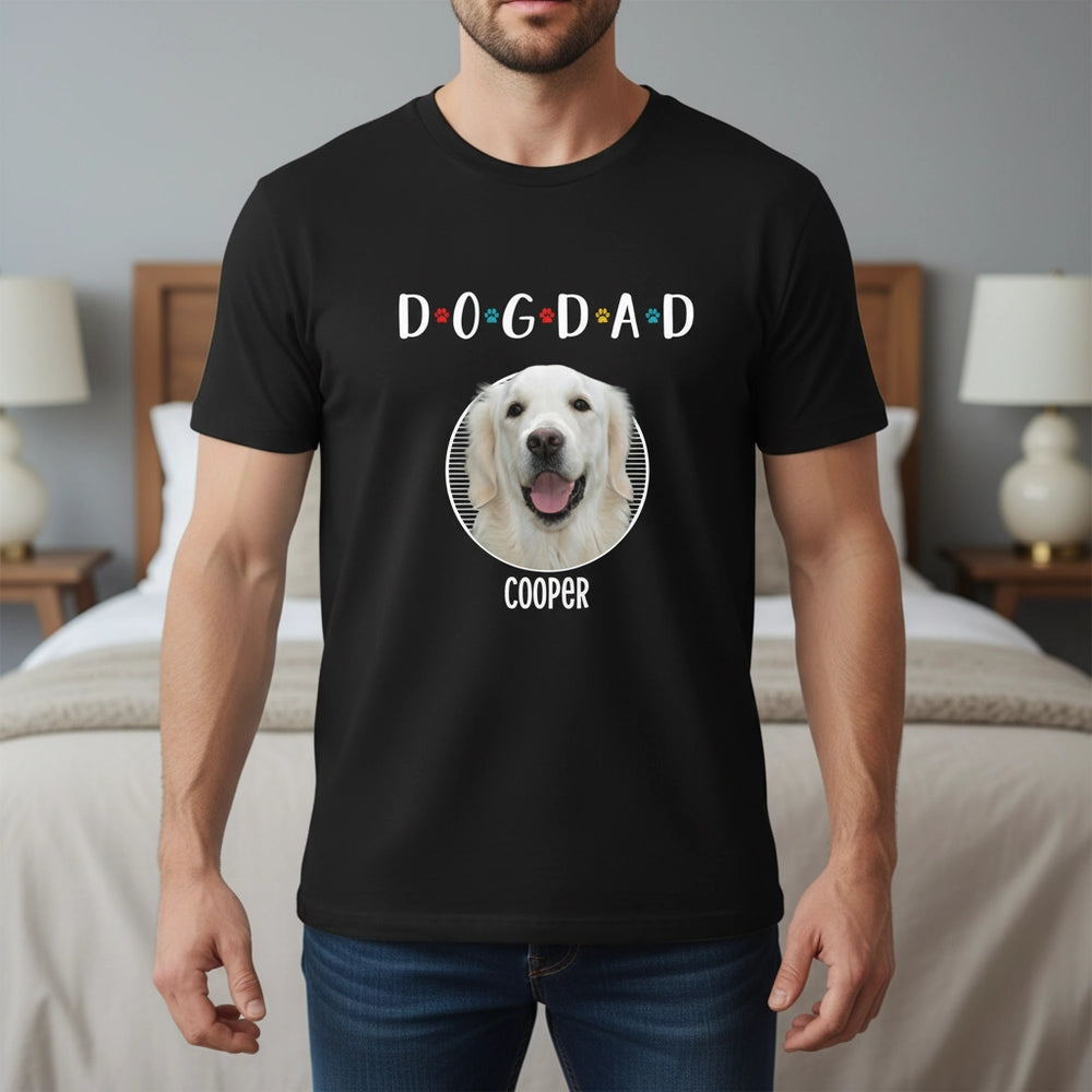 Custom Photo Upload Dog Dad T-Shirt with Colorful Paw Prints lifestyle photo