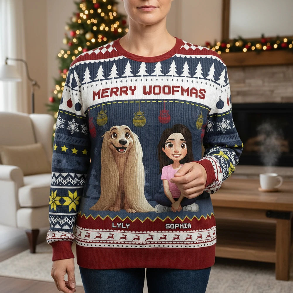 Custom Personalized Merry Woofmas Sweater with Dog & Girl lifestyle photo
