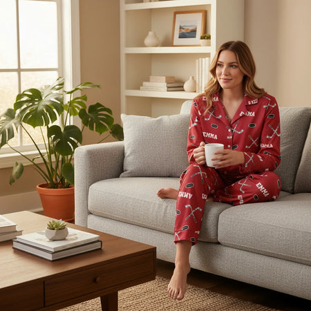 Custom Personalized Hockey Pajamas with Sticks and Pucks lifestyle photo