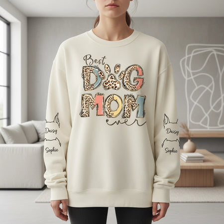 Custom Personalized Best Dog Mom Ever Sweatshirt with Leopard Print lifestyle photo