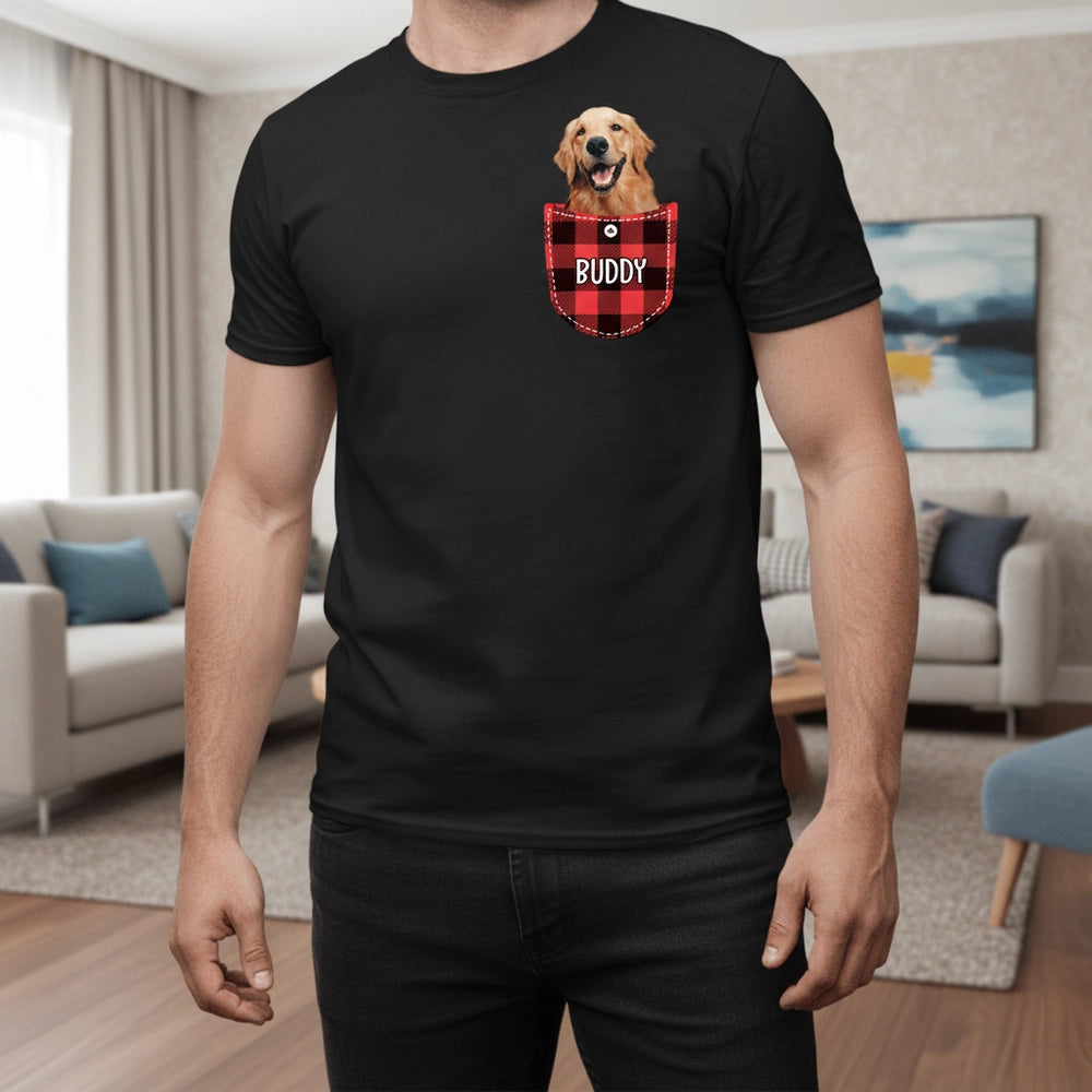 Custom Photo Upload T-Shirt with Buffalo Plaid Pocket Design lifestyle photo