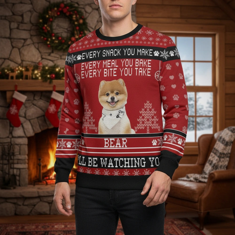 Custom Photo Upload Pomeranian Christmas Sweater with Holiday Text lifestyle photo