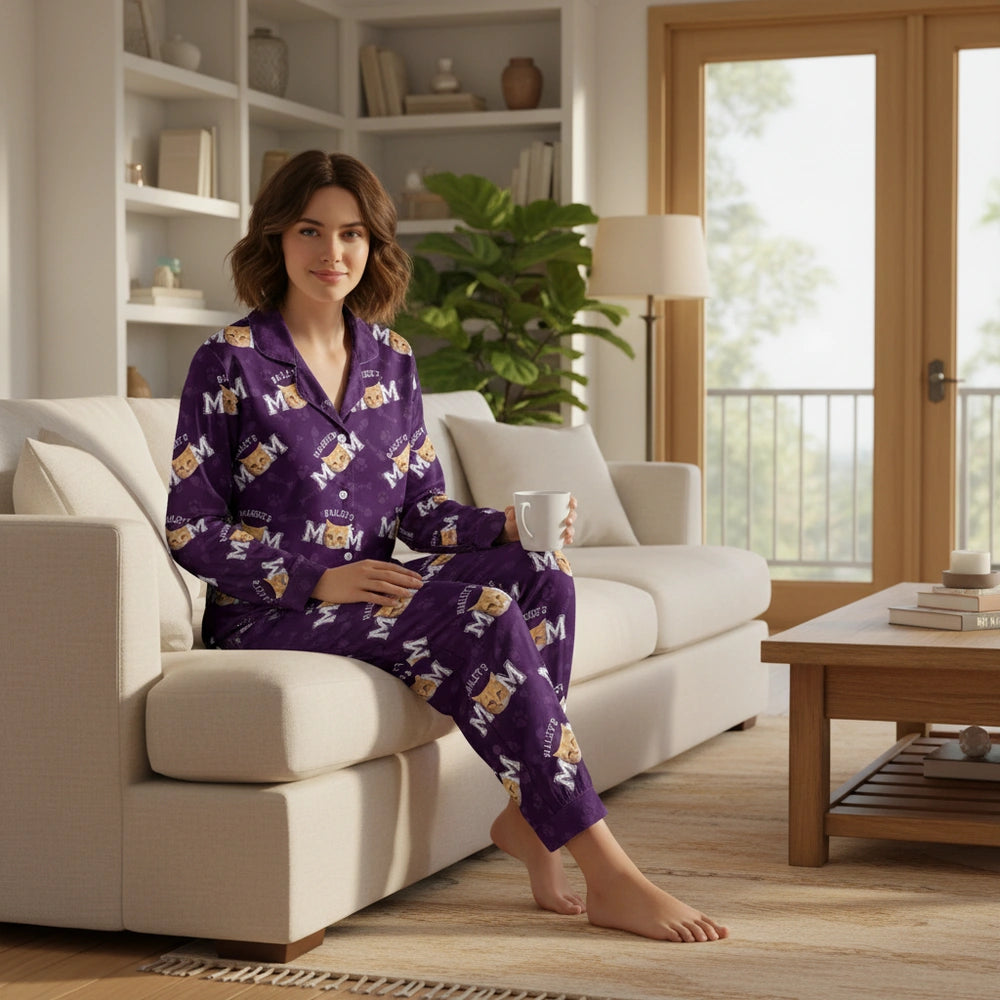 Custom Photo Upload Pajamas with Cat MOM Pattern & Paw Prints lifestyle photo