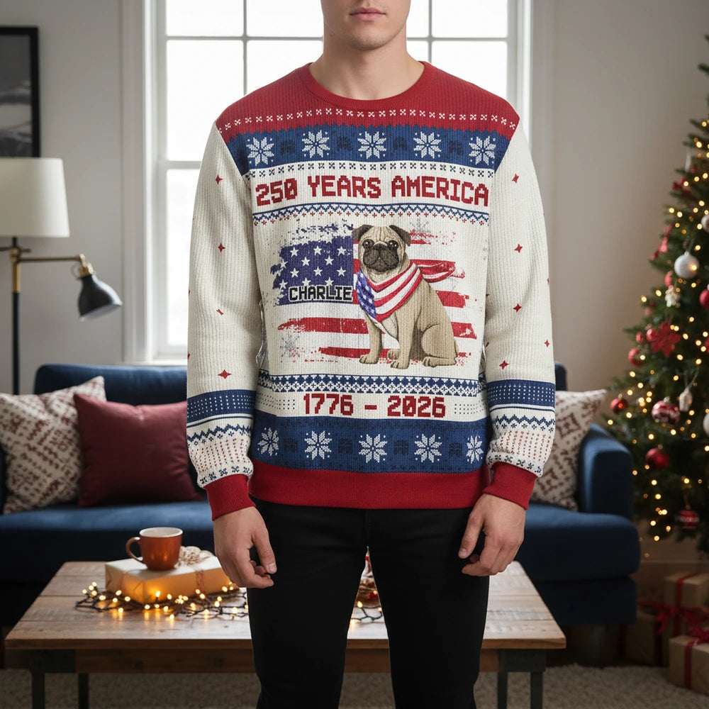 Custom Photo Upload Sweater with Pug and American Flag lifestyle photo