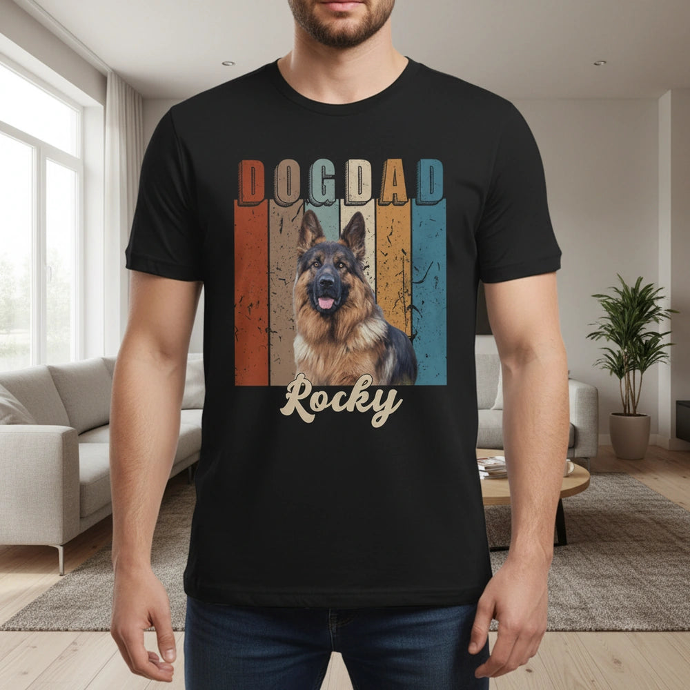 Custom Photo Upload T-Shirt with Dog Dad Retro Stripes lifestyle photo