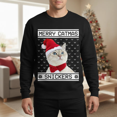 Custom Photo Upload Merry Catmas Snickers Cat Sweatshirt lifestyle photo