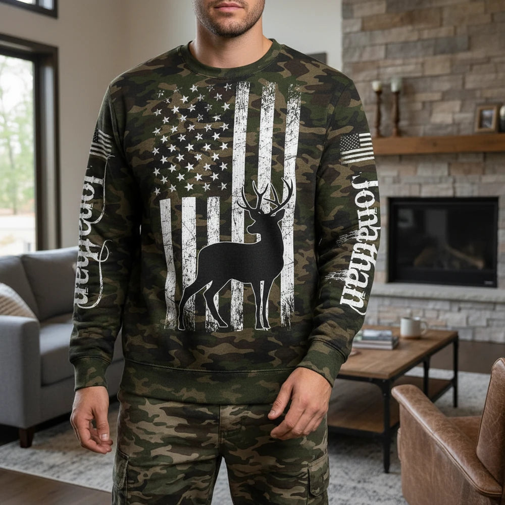 Custom Personalized Sweater with American Flag Deer and Camo lifestyle photo