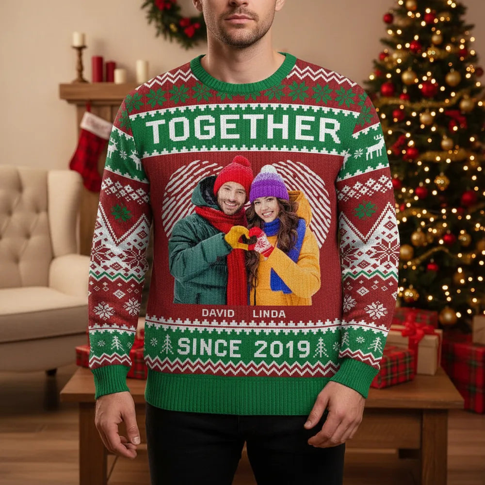 Custom Photo Upload Sweater with Together Since Holiday Pattern lifestyle photo