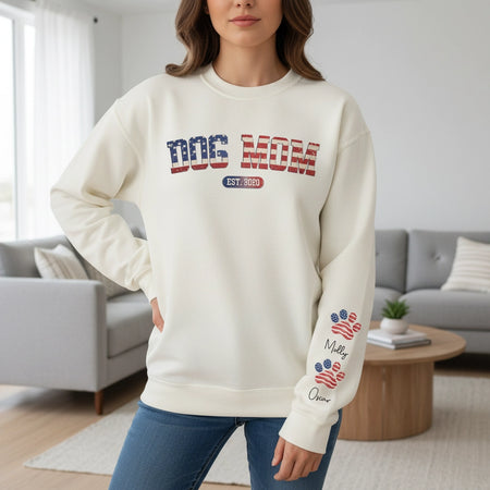 Custom Personalized Dog Mom Sweatshirt with American Flag Paw Prints lifestyle photo