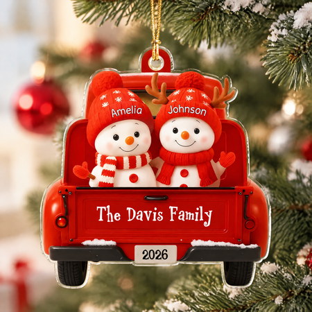 Custom Personalized Acrylic Ornament with Snowman Family Red Truck RAFD9
