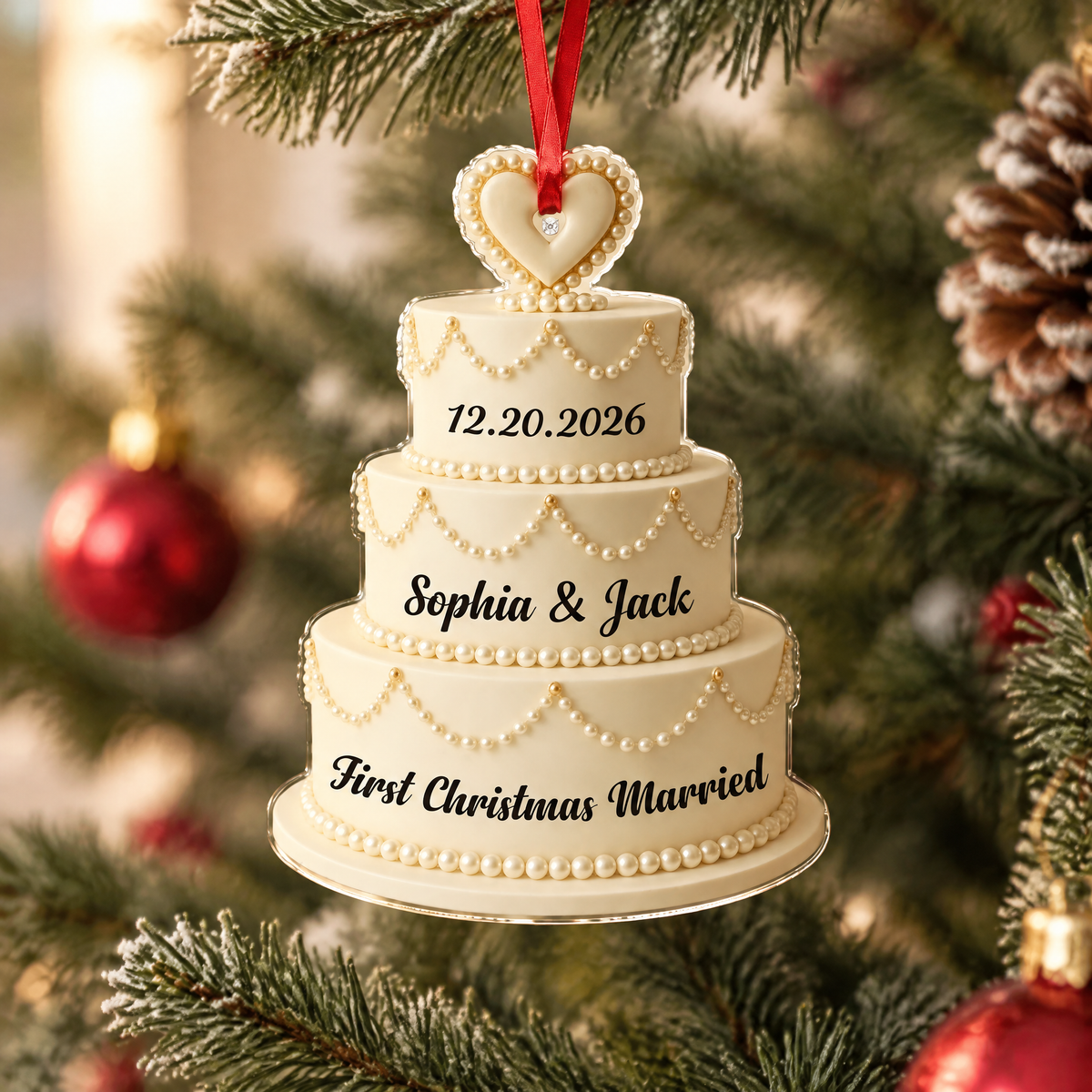 Custom Personalized Acrylic Ornament with Wedding Cake & Heart WCVL9