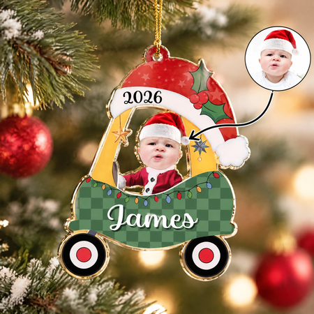 Custom Photo Upload Acrylic Ornament with Christmas Tree & Red Car HIPJA