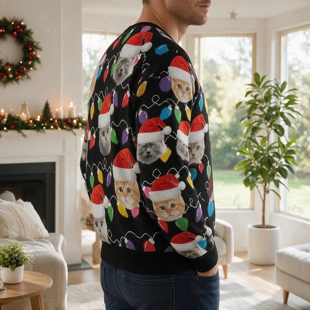 Custom Photo Upload Sweater with Cats in Santa Hats & Christmas Lights TT0TQ