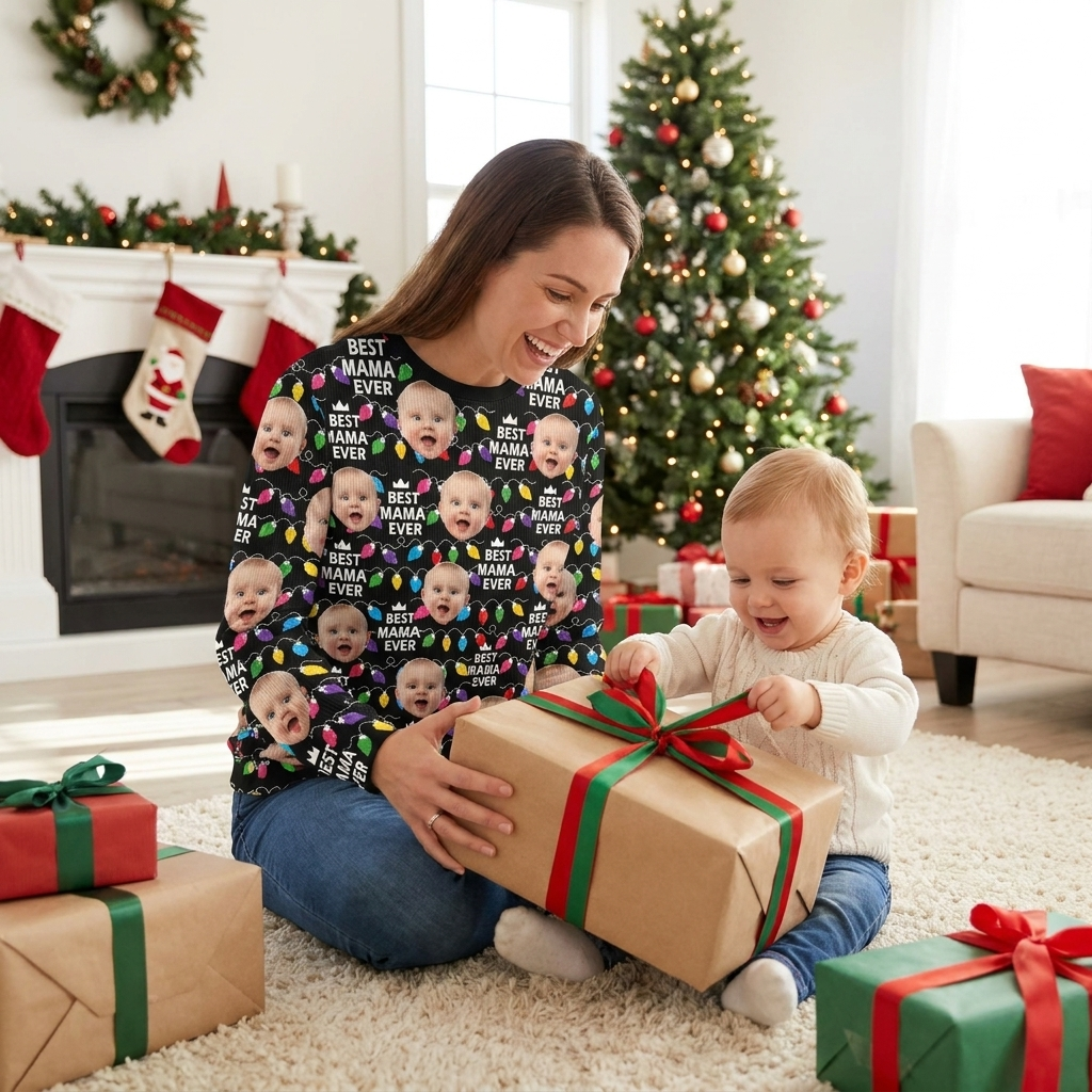 Custom Photo Upload Sweater with Best Mama Ever & Christmas Lights RNP3M