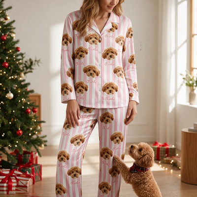 Custom Photo Upload Pajamas with Pink Stripes & Dog Pattern CEN8P