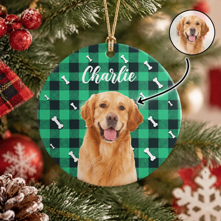 Custom Photo Upload Ceramic Ornament with Buffalo Plaid & Paw Prints 5CLK7