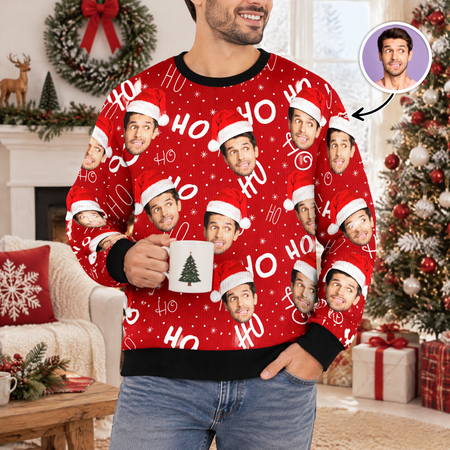 Custom Photo Upload Sweater with Santa Hats and Ho Ho Ho Text KJB99