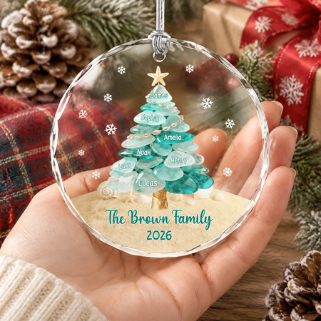 Custom Personalized Round Shaped Glass Ornament with Sea Glass Tree GBJ6T